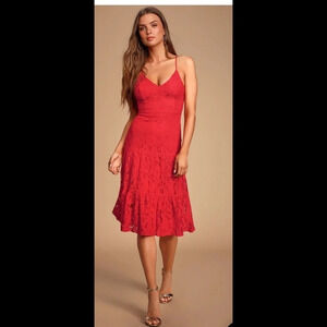 Lulu's Manning Red Lace Tiered Midi Dress